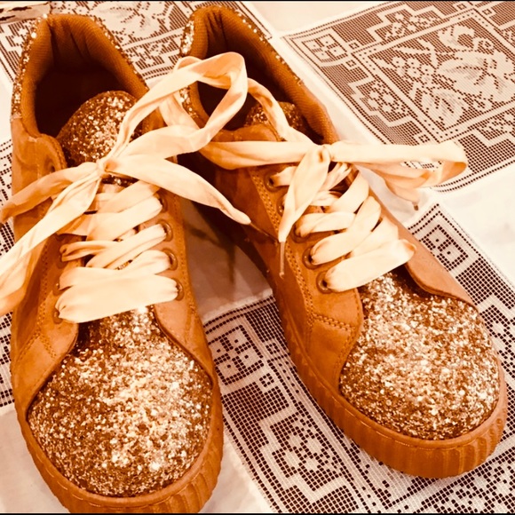 FOREVER Glitter Rust & Gold Suede Tennis Shoes with Ribbon laces. - Picture 2 of 14